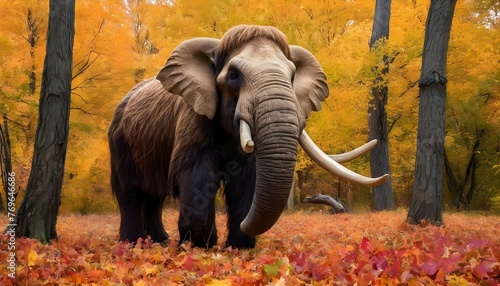 A Mammoth Covered In Autumn Leaves Blending Into