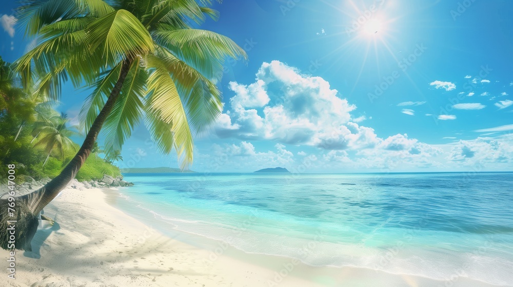 perfect landscape for relaxing vacation tropical beach with white sand turquoise ocean on background blue sky with clouds on sunny summer day palm tree leaned over water island Maldives





