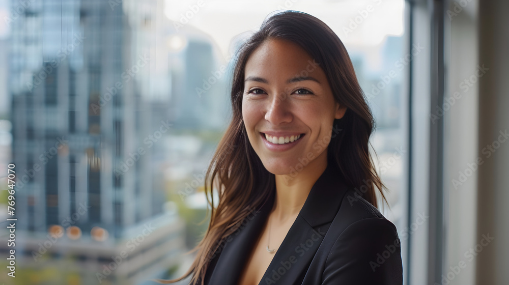 Confident businesswoman smiling in office environment Confident businesswoman smiling in office environment