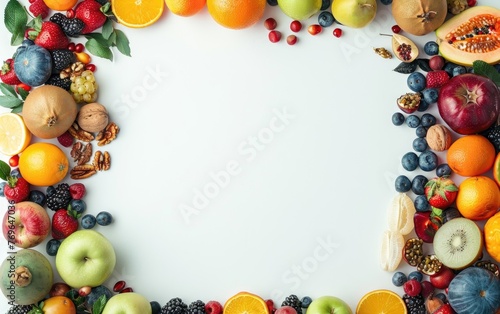 Energetic Blend of Fresh Fruits and Nuts Display Colorful Assortment of Fresh Fruits and Nuts Arrangement  Copy Space  Generative Ai