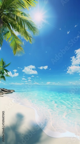 beautiful tropical beach with white sand turquoise ocean on background blue sky with clouds on sunny summer day palm tree leaned over water perfect landscape for relaxing vacation island Maldives