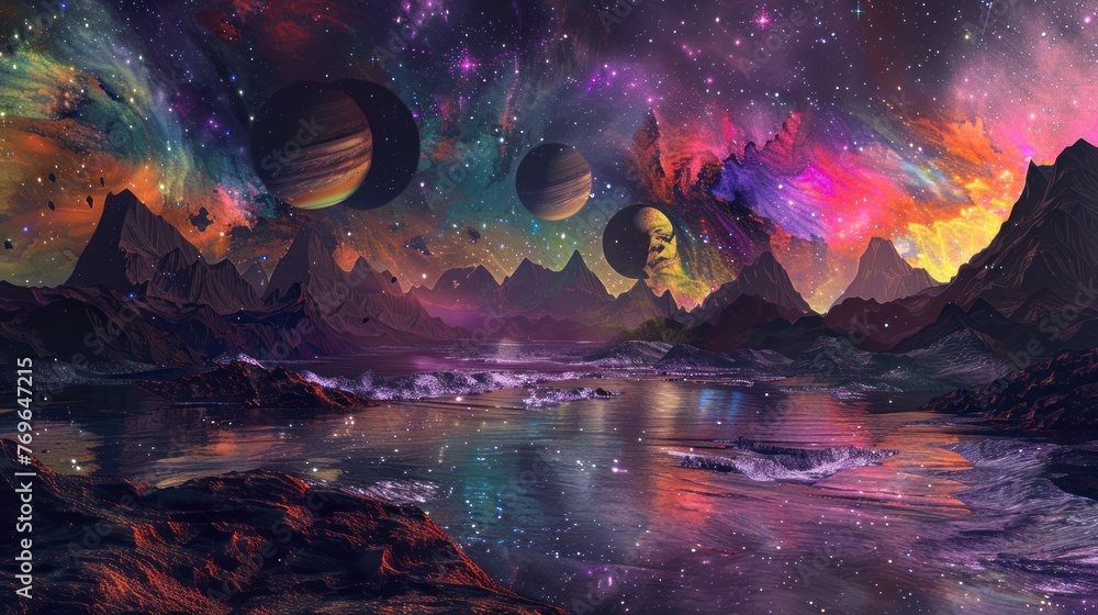 Fototapeta premium Outer space sky with light neon stars background. AI generated image