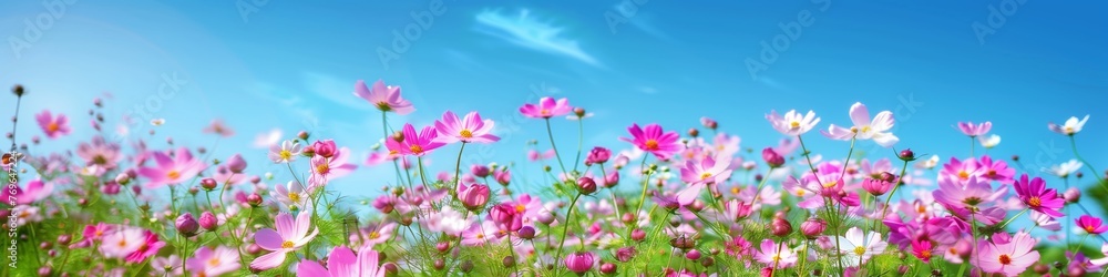 selective soft focus multicolored cosmos flowers in meadow in spring summer nature against blue sky