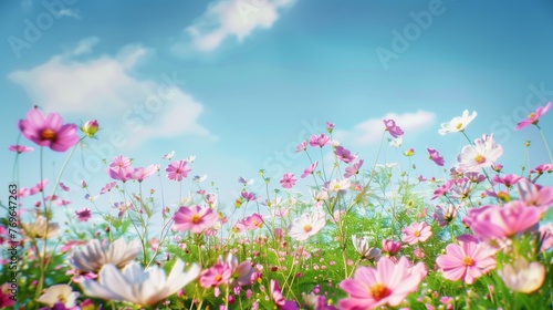 spring summer nature against blue sky multicolored cosmos flowers in meadow selective soft focus © pier