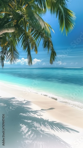beautiful palm tree on tropical island beach on background blue sky with white clouds and turquoise ocean on sunny day perfect natural landscape for summer vacation ultra wide format