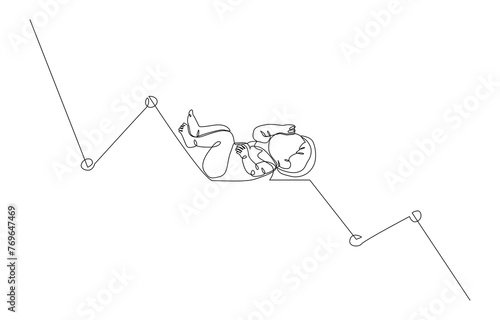Continuous one line drawing of newborn baby on downtrend graph, low birth rate concept, single line art.