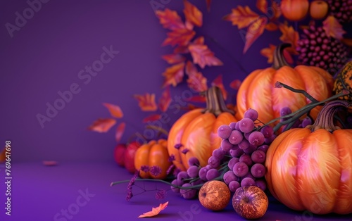 Vibrant Autumn Harvest  Pumpkins and Fruits in 3D Against a Purple Backdrop 3D Render of Pumpkins and Fruits on Purple  Copy Space  Generative Ai