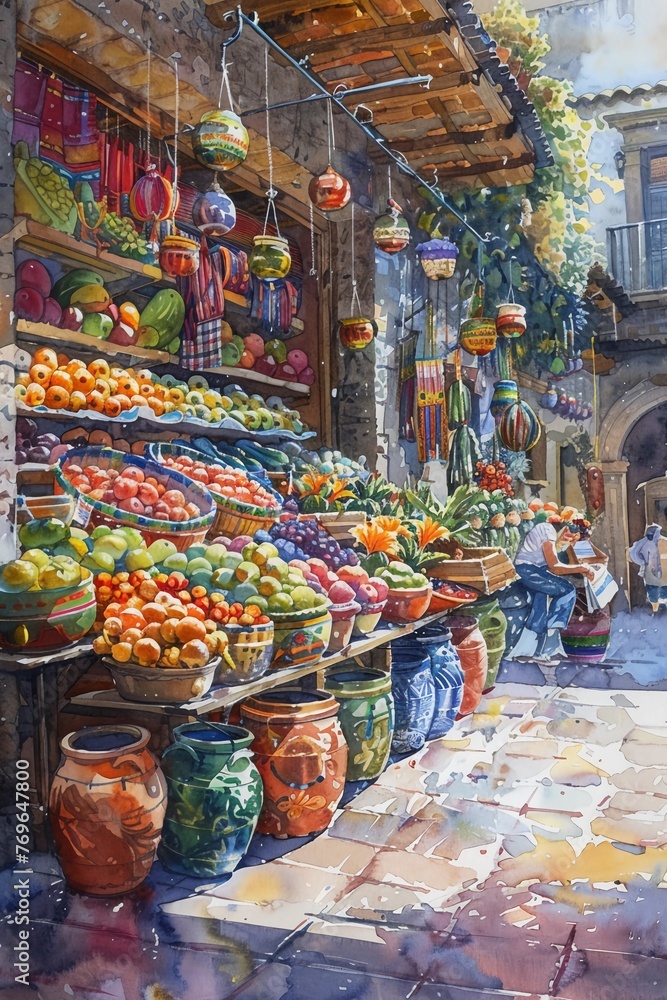 Fototapeta premium Traditional Mexican Market Scene, Watercolor Painting Of Vendors Selling Fresh Produce Under A Shaded Arcade, Rich Colors, Lively Atmosphere. Vertical postcard. AI Generated