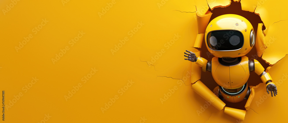 Cheerful yellow robot with black detailing appears to break through a vibrant yellow wall, creating a dynamic sense of movement and energy Cheerful yellow robot with black detailing appears to break through a vibrant yellow wall, creating a dynamic sense of movement and energy