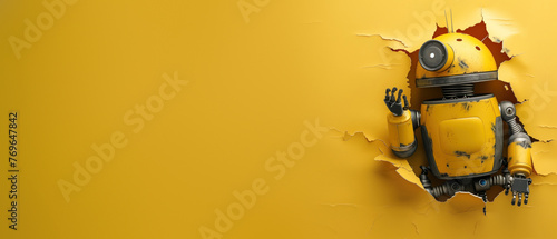 A vibrant yellow robot with expressive gestures emerges from a solid golden backdrop, adding to the theme of novelty