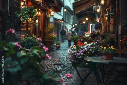 Street veranda of a cafe decorated with flowers on a city street, evening time, lights are on and people are sitting at tables. City life. Generated ai © Dasha Yurk