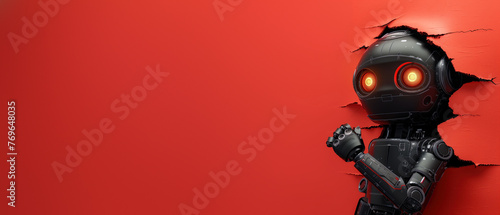 An ominous black robot with glowing red eyes looks through a torn red backdrop, suggesting themes of breaking through or emerging