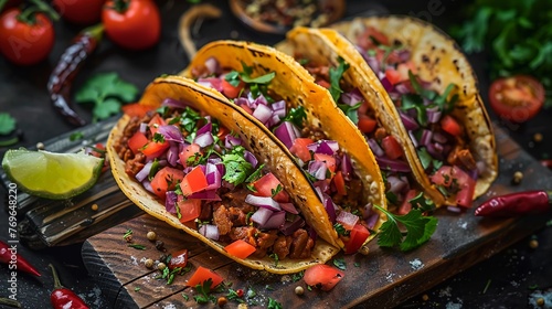 Colorful Tacos Filled With Vegetables, Meat, Corn, And Fresh Herbs, Served On A Rustic Wooden Board. Traditional Mexican Cuisine. Recipes Or Restaurant Menus. AI Generated