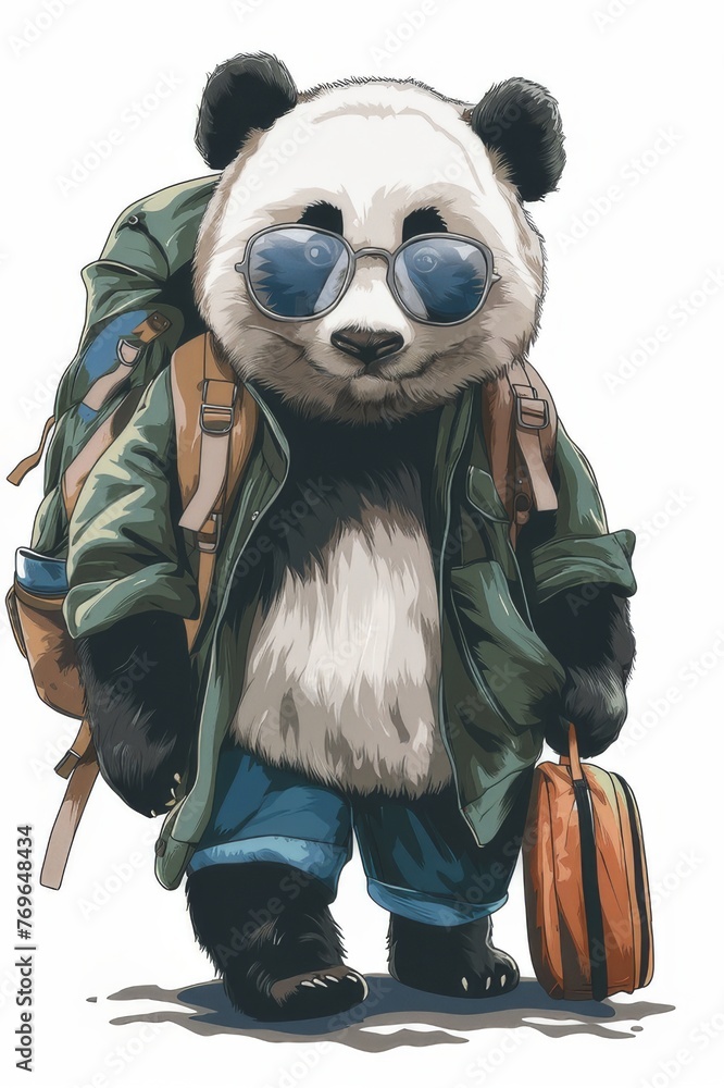 Panda tourist, animal traveler in modern clothes and luggage, stylish, fashionable. Anthropomorphic concept, 3d, Panda tourist, animal traveler in modern clothes and luggage, stylish, fashionable. Anthropomorphic concept, 3d,