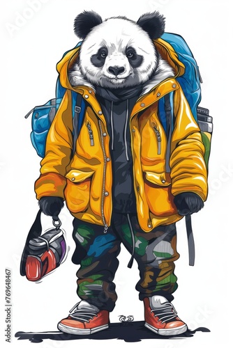 Panda tourist, animal traveler in modern clothes, stylish, fashionable. Anthropomorphic concept, 3d,