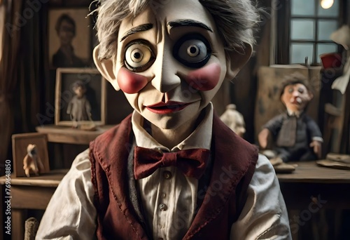 A puppet story, beautiful but odd high-quality puppet, portrait, photorealistic, highly detailed, joy and sadness photo