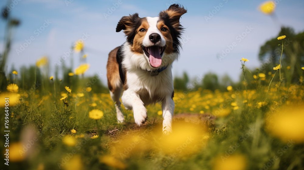 Happy Dog Running Amidst Flower Fields. Generative AI.