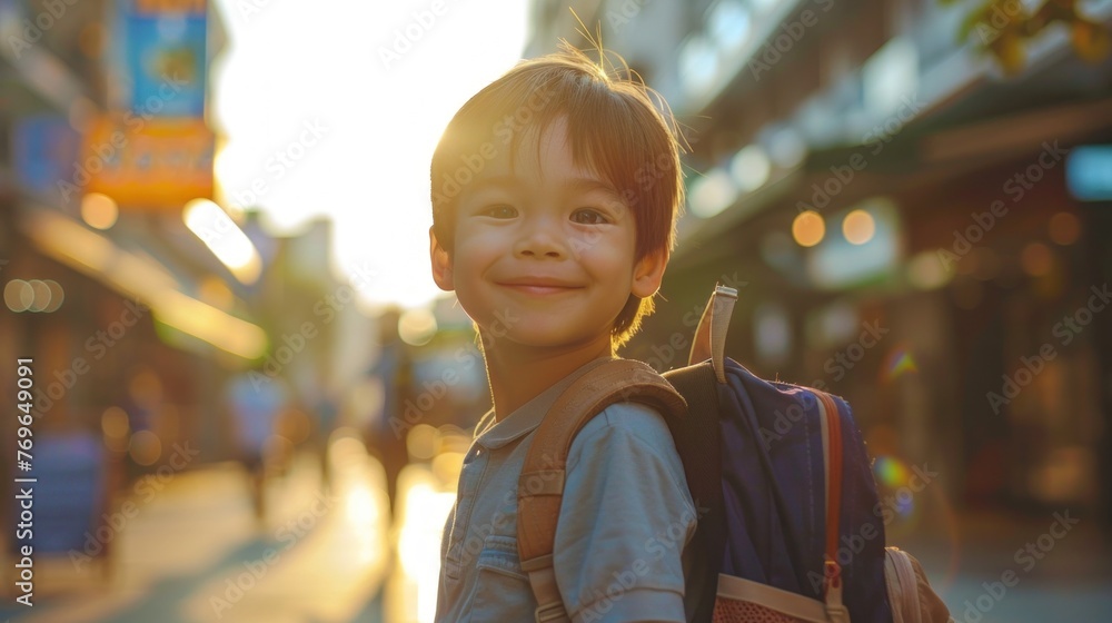 Young boy with backpack smiling standing on street blurred background warm sunlight cityscape happy expression casual clothing daytime outdoor setting.