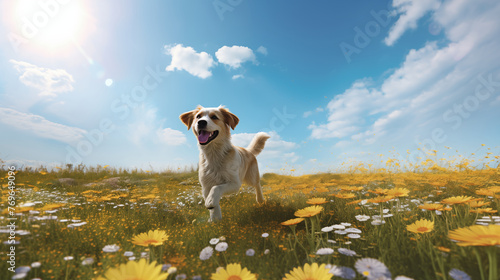 Happy Dog Running Amidst Flower Fields. Generative AI.