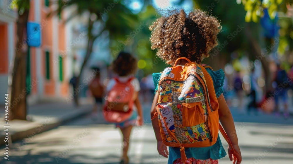 A young girl with curly hair wearing a colorful backpack walking down a tree-lined street with other people in the background.