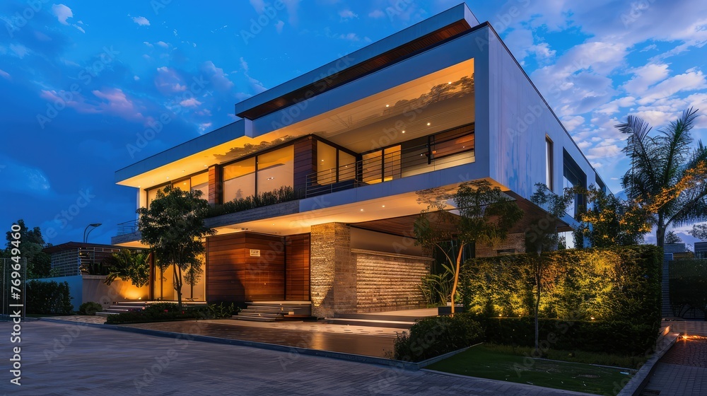 Architecture modern design, beautiful house, night scene. Modern house with evening,3d rendering of modern cozy house with pool and parking for sale or rent in luxurious style.
