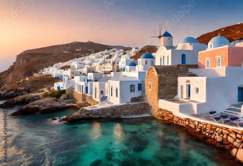 Embrace the warm hues of sunset in Mykonos Town Chora, where the Aegean Sea's azure waters reflect the vibrant life of this iconic Greek island photo