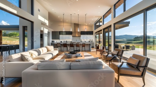 Sunlit Great Room Adjoins Contemporary Kitchen with Serene Landscape Vistas © Rudsaphon