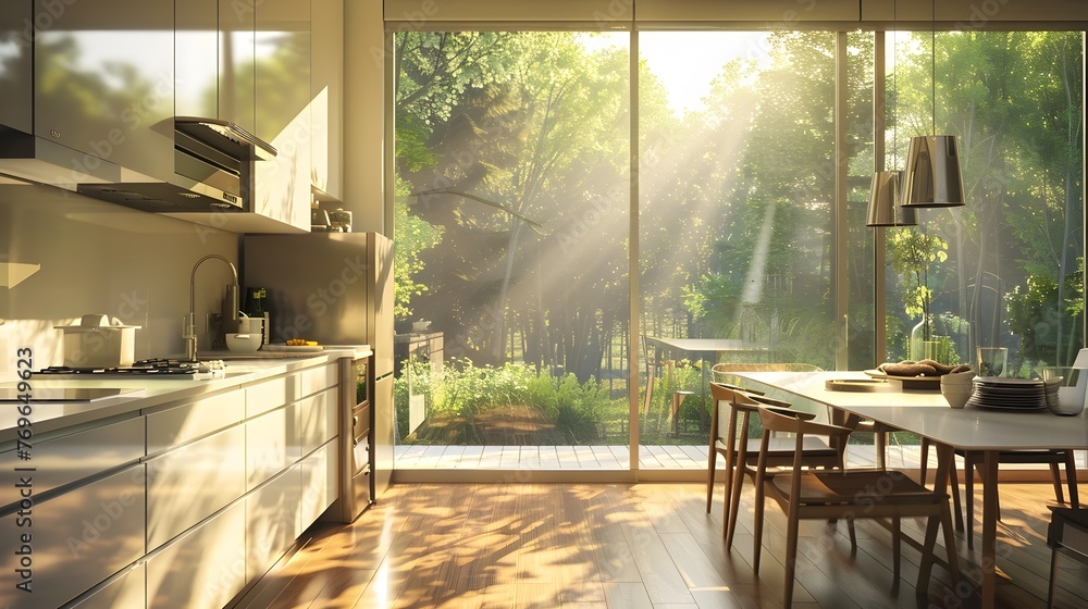 Sunlit Modern Kitchen Offering a Tranquil Forest View