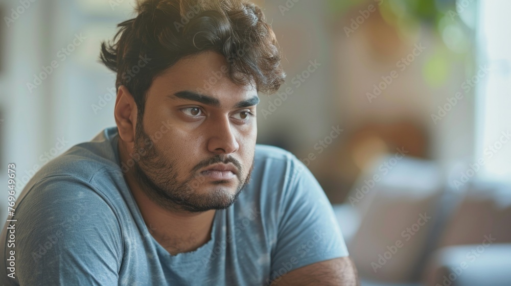 A man with a beard and curly hair wearing a blue t-shirt sitting in a room with a blurred background looking contemplative. A man with a beard and curly hair wearing a blue t-shirt sitting in a room with a blurred background looking contemplative.