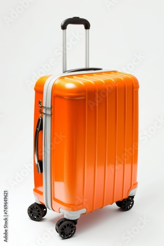 The suitcase is orange in color, plastic luggage bag, on a white background.