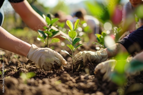 Group of people planting trees in a park or forest, symbolizing reforestation and ecological restoration efforts.