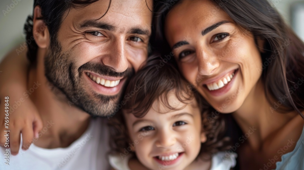 A happy family of three posing for a close-up portrait with smiles the man on the left the woman on the right and a child in the middle. A happy family of three posing for a close-up portrait with smiles the man on the left the woman on the right and a child in the middle.