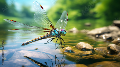 Dragonfly Flying Above Water. Generative AI. © Yerjung