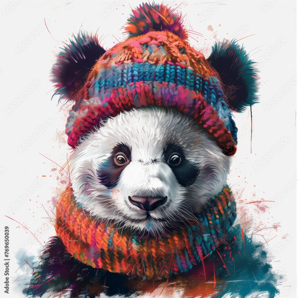 Portrait of a cute panda in a multicolored knitted hat and scarf.