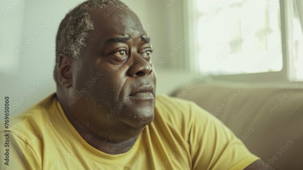 A contemplative man in a yellow shirt with graying hair sitting on a couch and looking off to the side. A contemplative man in a yellow shirt with graying hair sitting on a couch and looking off to the side.