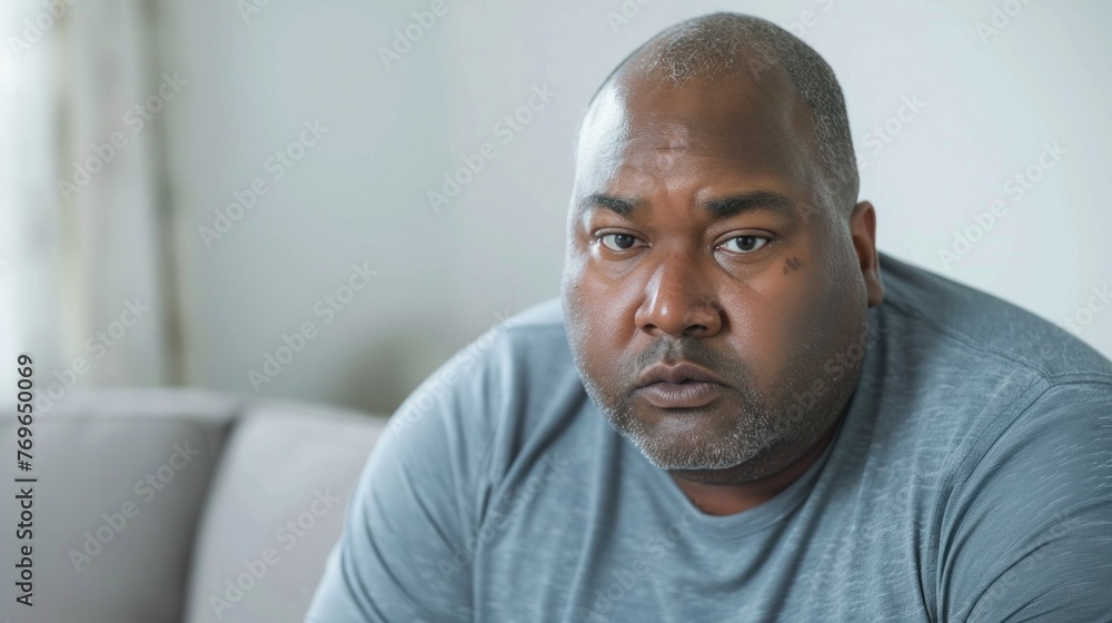 Man with a serious expression sitting in a room with a blurred background wearing a gray t-shirt and looking directly at the camera. Man with a serious expression sitting in a room with a blurred background wearing a gray t-shirt and looking directly at the camera.