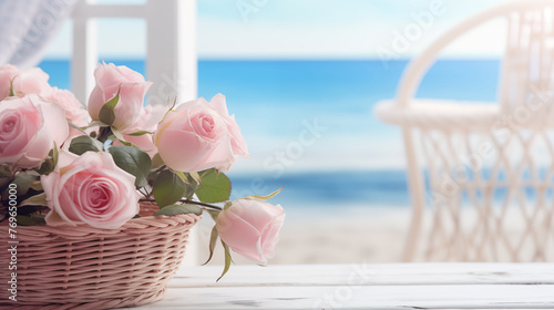 Rose Blossom Overlooking Seascape. Generative AI.
