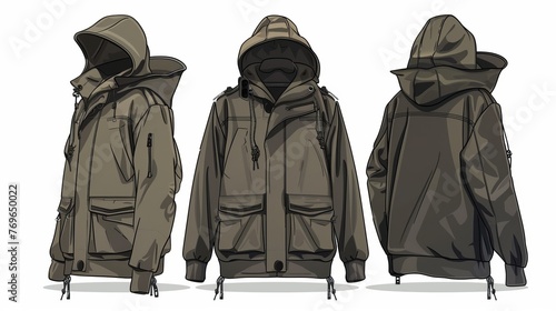 An anorak jacket mockup, featuring a unisex oversized coat with a hood and front pocket in vector sketch photo