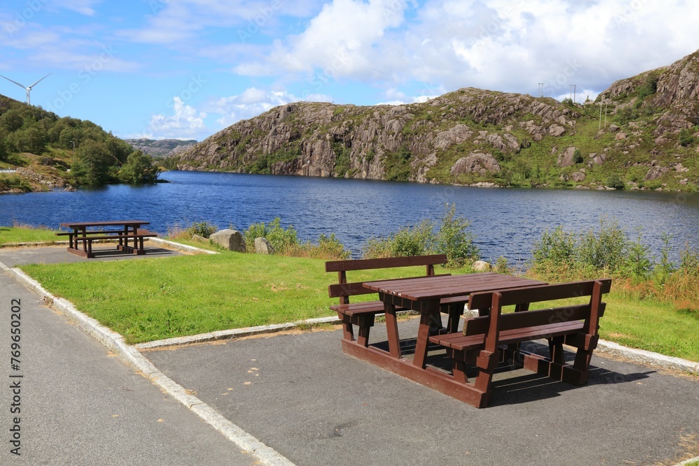 Recreation area picnic tables in Norway