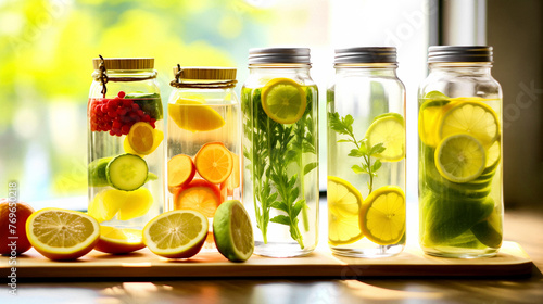 Sliced citrus fruits, berries and greens in water filled glass jars or bottles on a sunlit wooden tray, reflecting a fresh, healthy lifestyle. Organic detox drink