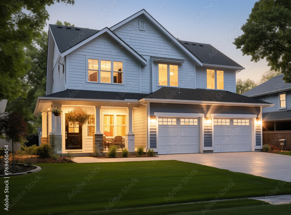 Beautiful exterior of a modern luxury home of newly built luxury house with yard with green grass and twilight sky, realestate concept 