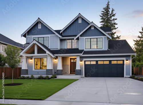 Beautiful new home exterior Double Garage, Exemplary Fresh Construction Dwelling with Innovative Styling and Light Blue Siding: Explore the Natural Stone Porch! © ammad