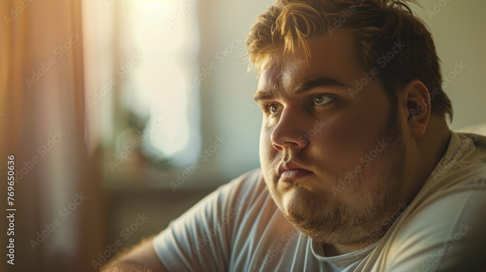 A young man with a beard looking contemplative wearing a white t-shirt sitting in a room with a window in the background. A young man with a beard looking contemplative wearing a white t-shirt sitting in a room with a window in the background.