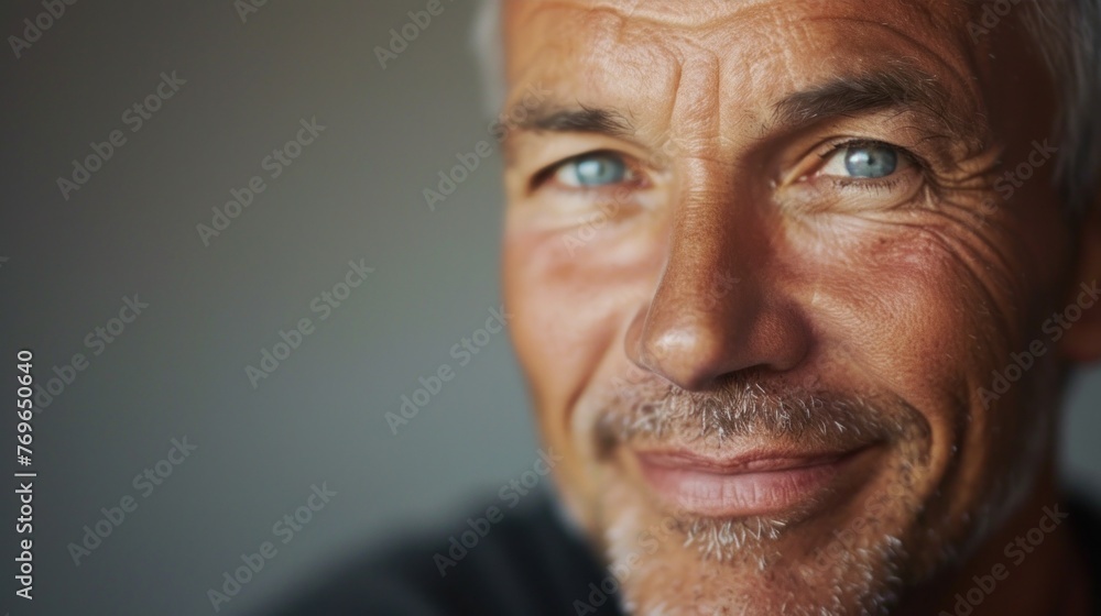 A close-up of a man with blue eyes a smile and graying hair set against a blurred background. A close-up of a man with blue eyes a smile and graying hair set against a blurred background.