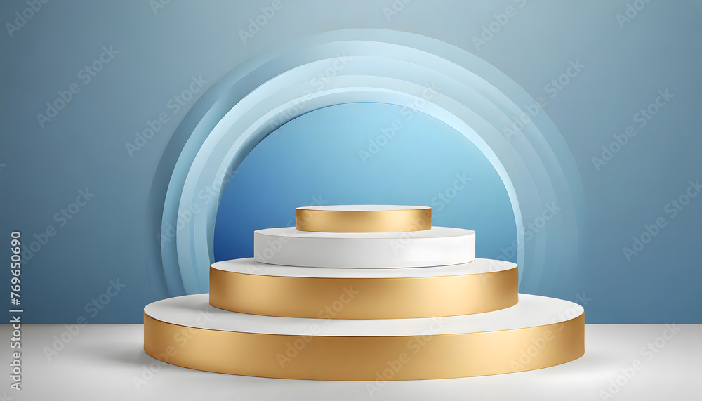 Abstract 3D white and blue steps cylinder pedestal podium with pastel blue minimal wall scen. Generative AI. Abstract 3D white and blue steps cylinder pedestal podium with pastel blue minimal wall scen. Generative AI.