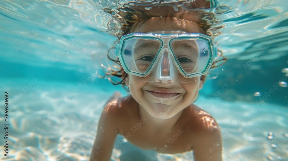 Young child underwater smiling with goggles on surrounded by blue water and bubbles.