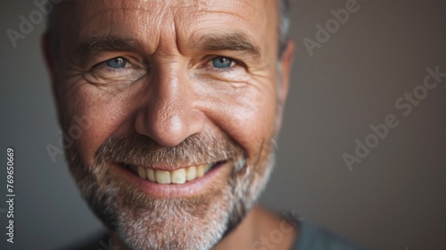 Smiling man with blue eyes and gray beard close-up portrait with soft focus on background.