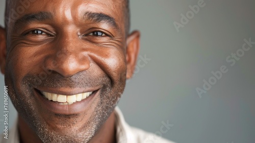 Smiling man with short hair and stubble showing teeth against a neutral background. photo