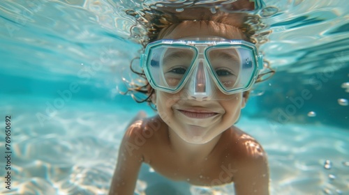Young child underwater smiling with goggles on surrounded by blue water and bubbles. © iuricazac