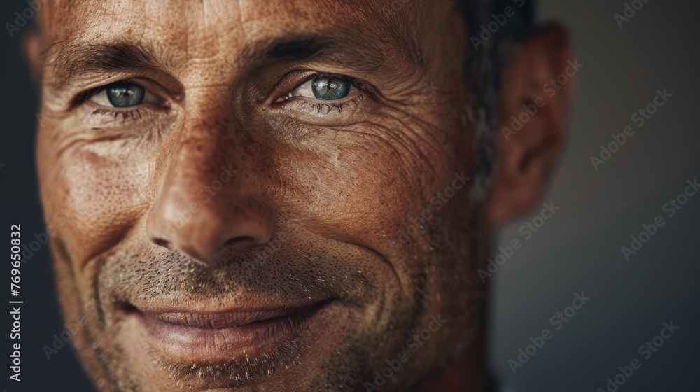 A close-up portrait of a man with a warm smile showcasing his blue eyes and skin texture set against a soft-focus background. A close-up portrait of a man with a warm smile showcasing his blue eyes and skin texture set against a soft-focus background.